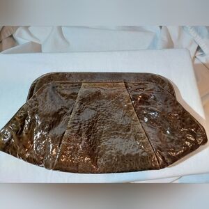 Lauren Merkin "Lotte" Oversized Pleated Patent Leather Clutch - Cocoa Brown